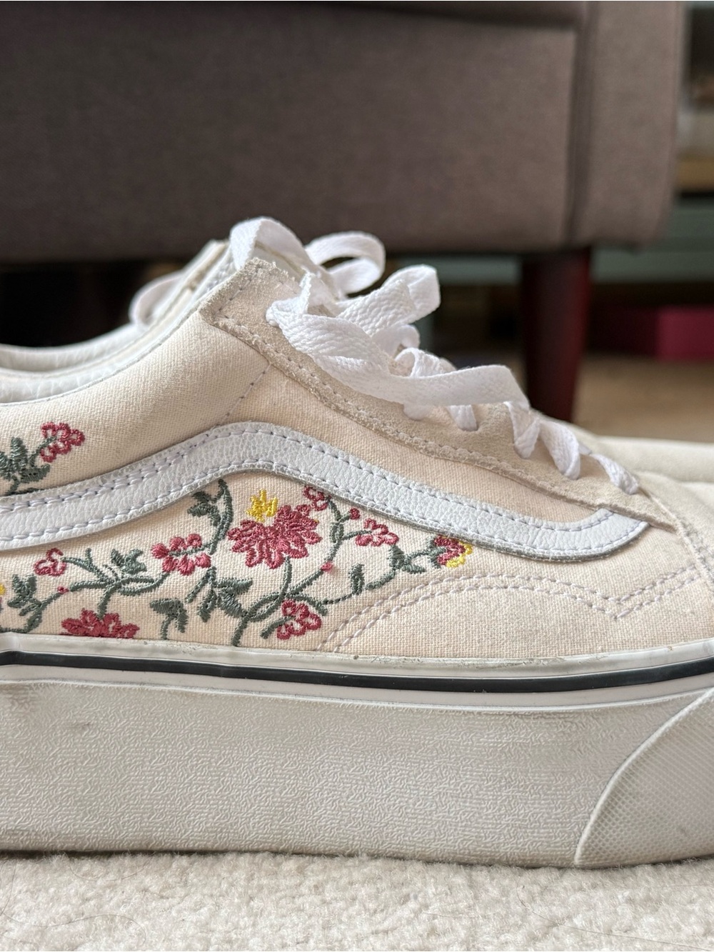 Vans Cream Floral Old Skool Platform Sneakers with Pink & Green Embroidery